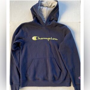 CHAMPION CHILD’S L NAVY HOODIE LIME GREEN CHAMPION LOGO LETTERING ON SLEEVE “C”